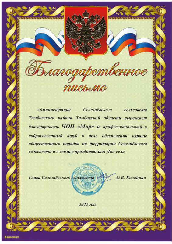 Благодарность главы Селезневского сельсовета, 2022